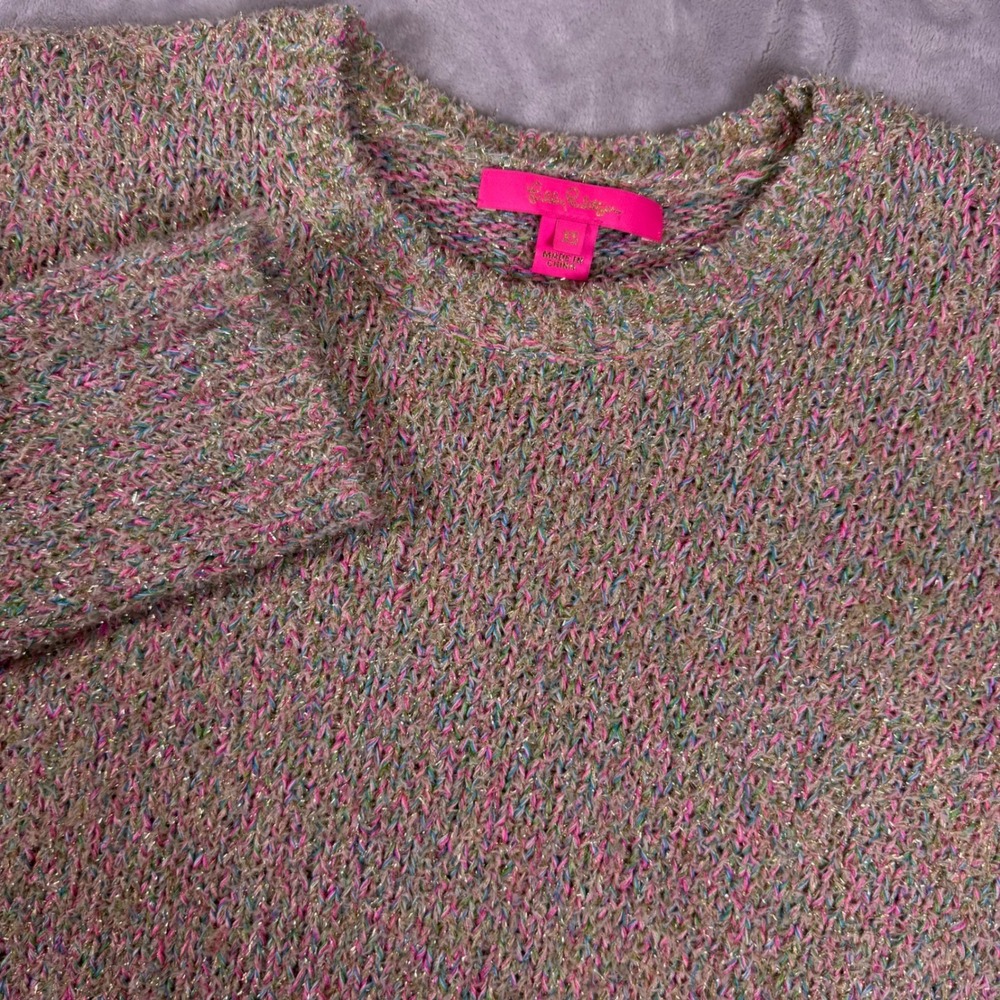 Lilly Pulitzer Gilana Sweater Women XS Multi Rainbow Metallic Scalloped Hem